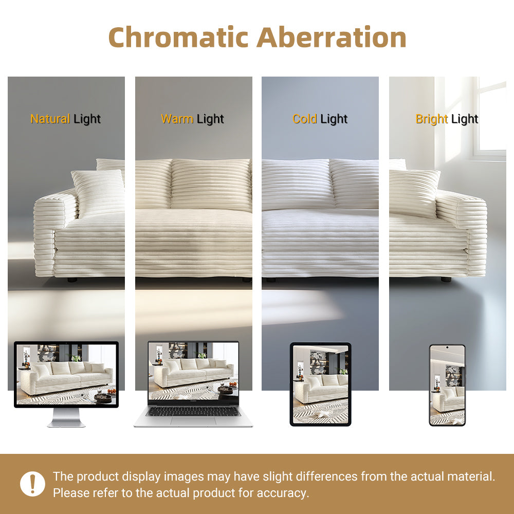 102.4 "Plush Corduroy 4-Seat Sofa,Modern Comfy Upholstered Sofa Cloud Couch,Deep Seat Couches with Soft Pillows and 3 Ottomans,Convertible Sofa Lounge Chair,for Living Room,Apartment,Beige/White
