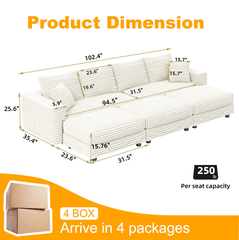 102.4 "Plush Corduroy 4-Seat Sofa,Modern Comfy Upholstered Sofa Cloud Couch,Deep Seat Couches with Soft Pillows and 3 Ottomans,Convertible Sofa Lounge Chair,for Living Room,Apartment,Beige/White