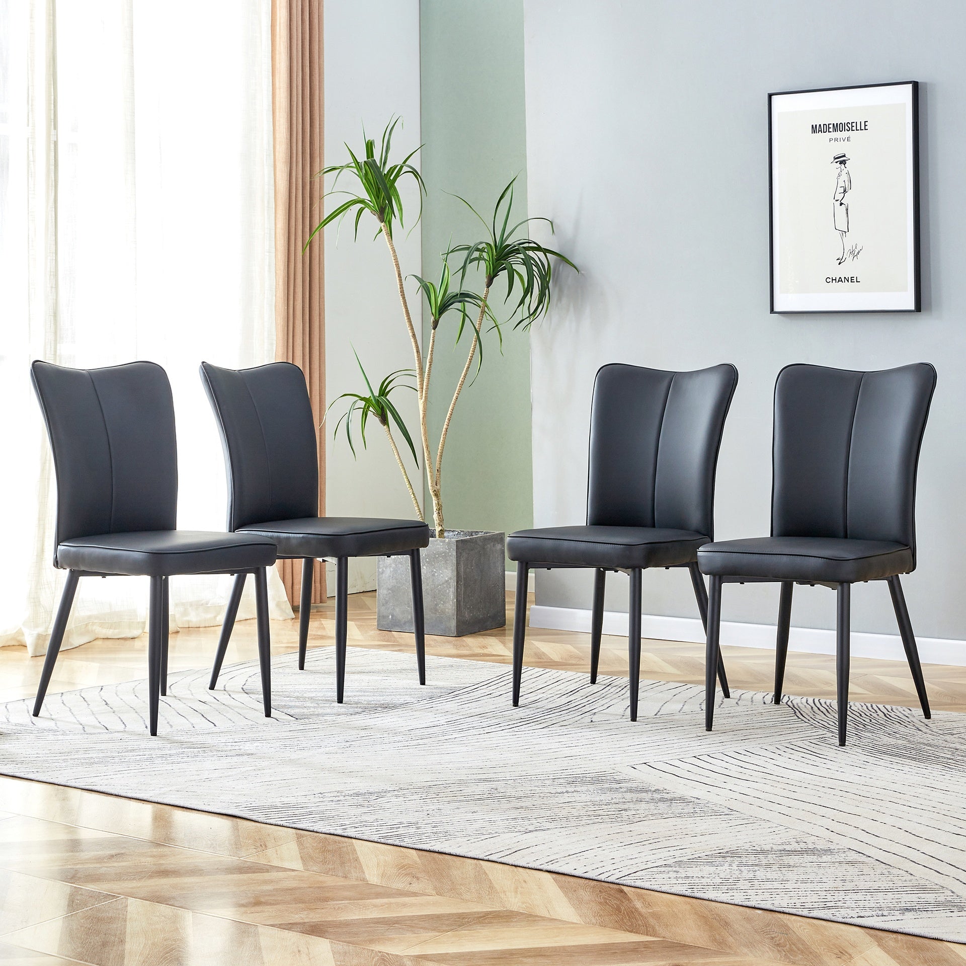 Modern Black PU Chair Set - Four Pieces, The backrest has a vertical and smooth line design.Suitable for placement in kitchen, living rooms, and other venues.W1151116744
