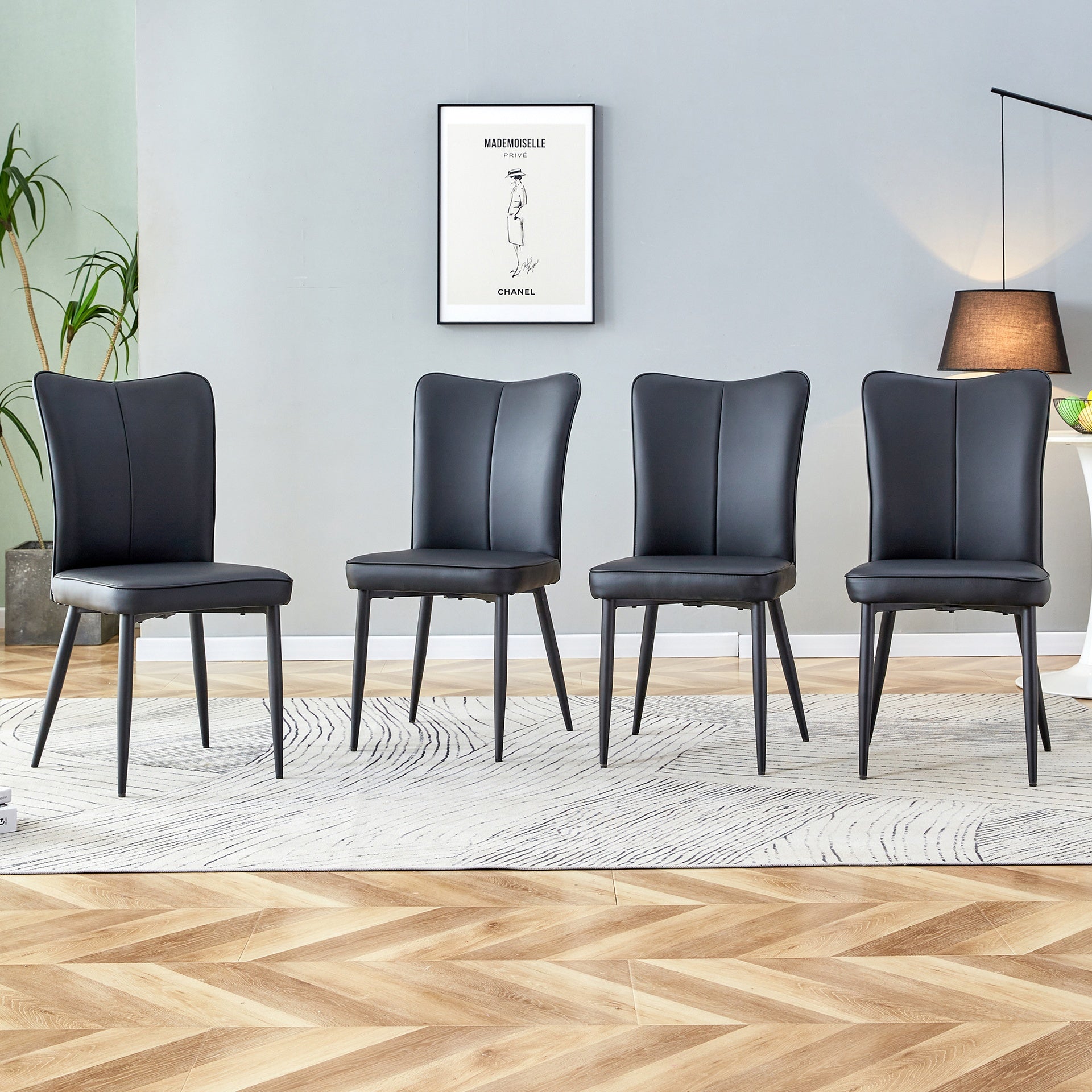Modern Black PU Chair Set - Four Pieces, The backrest has a vertical and smooth line design.Suitable for placement in kitchen, living rooms, and other venues.W1151116744