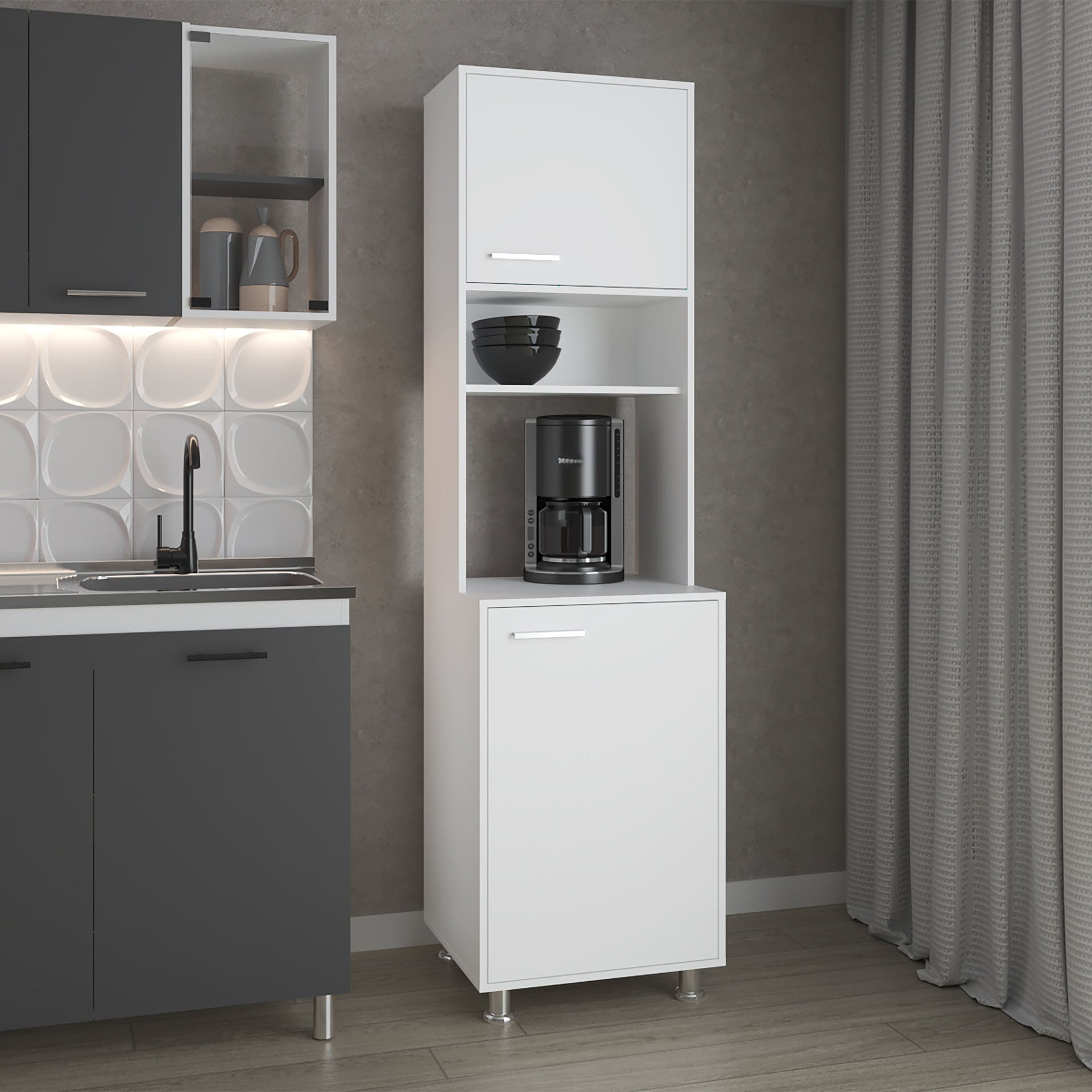 White Kitchen Pantry with Open Storage and 2 Doors