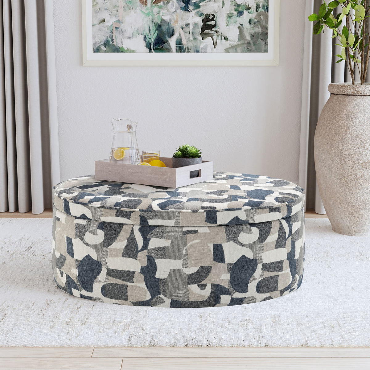 St. Helena Indigo Blue Oval Upholstered Storage Ottoman