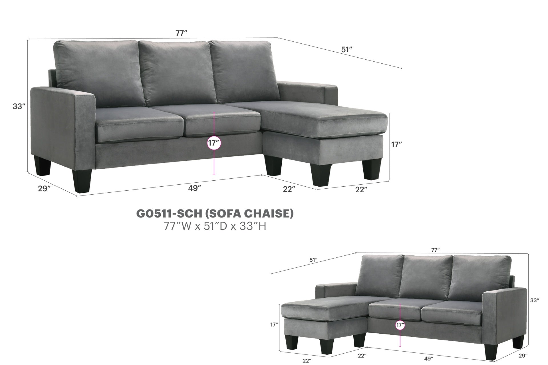 Jessica G0511-SCH Sofa Chaise , GRAY