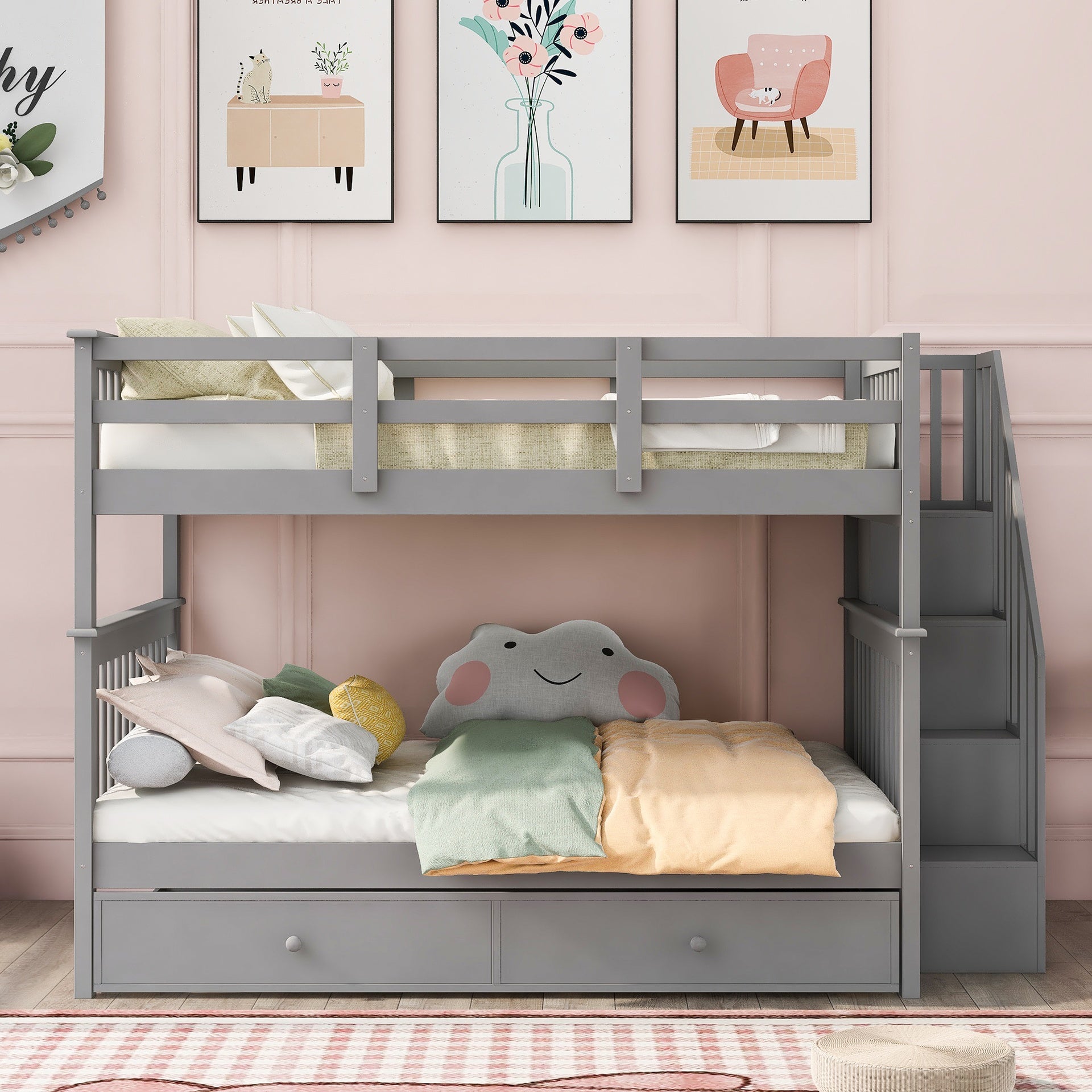 Stairway Full-Over-Full Bunk Bed with Twin size Trundle, Storage and Guard Rail for Bedroom, Dorm - Gray(OLD SKU :LT000210AAE)