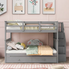 Stairway Full-Over-Full Bunk Bed with Twin size Trundle, Storage and Guard Rail for Bedroom, Dorm - Gray(OLD SKU :LT000210AAE)
