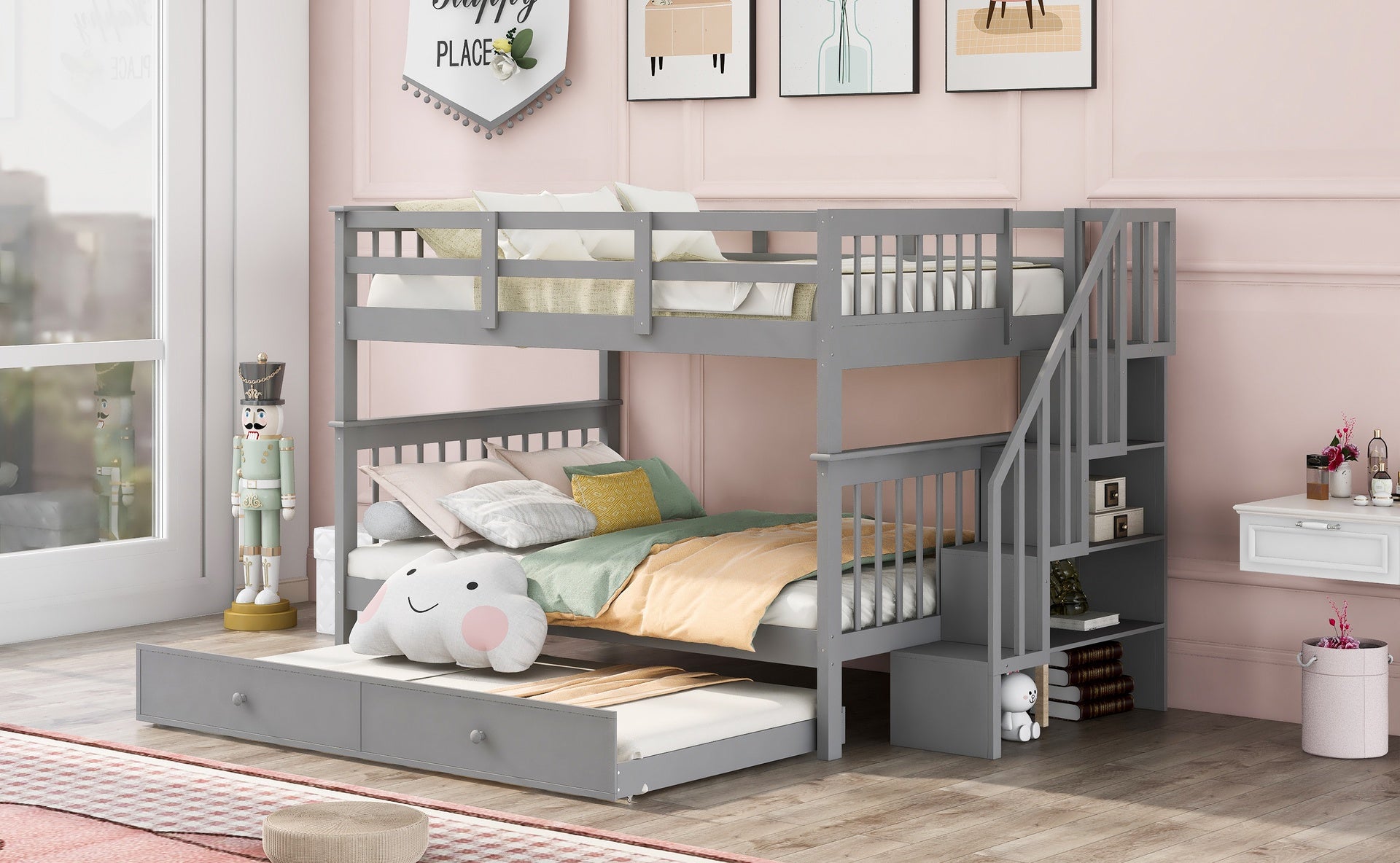 Stairway Full-Over-Full Bunk Bed with Twin size Trundle, Storage and Guard Rail for Bedroom, Dorm - Gray(OLD SKU :LT000210AAE)
