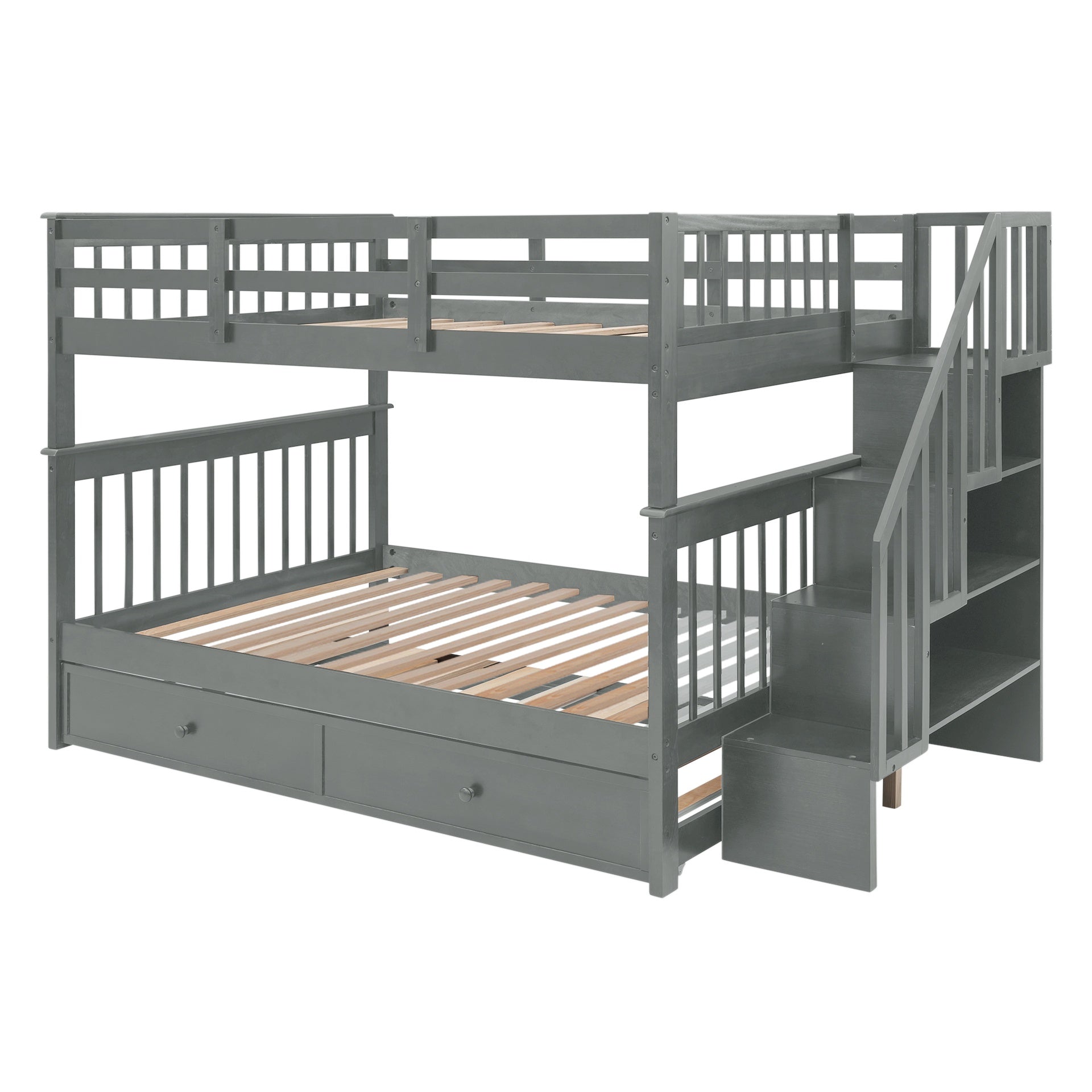 Stairway Full-Over-Full Bunk Bed with Twin size Trundle, Storage and Guard Rail for Bedroom, Dorm - Gray(OLD SKU :LT000210AAE)