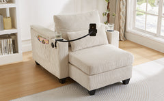 Convertible Chaise Lounge 37.4" Sofa Chair Sofa Bed Corduroy Sleeper Sofa with USB Ports , Two Cup Holders, Phone Holder and Ample Storage Space for Living Room and Bedroom, Beige