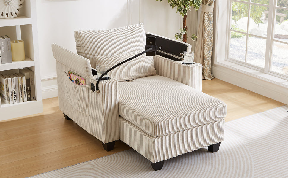 Convertible Chaise Lounge 37.4" Sofa Chair Sofa Bed Corduroy Sleeper Sofa with USB Ports , Two Cup Holders, Phone Holder and Ample Storage Space for Living Room and Bedroom, Beige