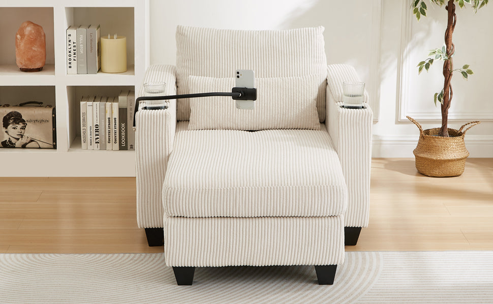 Convertible Chaise Lounge 37.4" Sofa Chair Sofa Bed Corduroy Sleeper Sofa with USB Ports , Two Cup Holders, Phone Holder and Ample Storage Space for Living Room and Bedroom, Beige