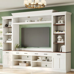 Farmhouse Entertainment Wall Unit with Bookshelf for TVs Up to 70", Walnut TV Stand with Adjustable Shelves, Mid-Century Media Console with Wine Rack for Living Room, White (NEW SKU: N721S000046K-2)