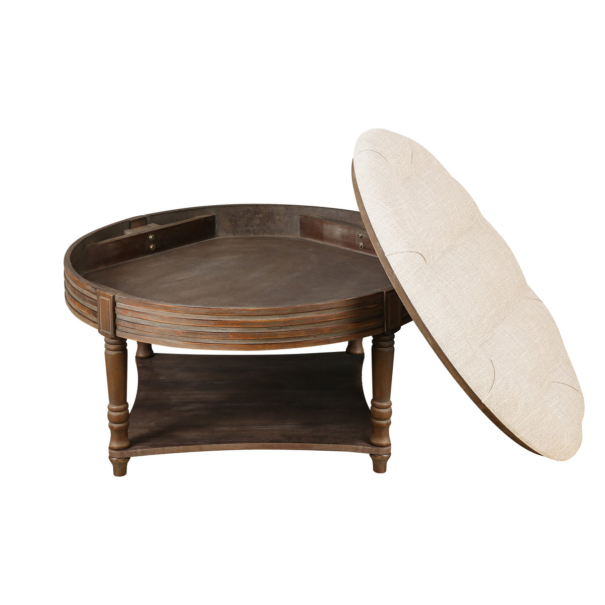 Large Round WaterProof Ottoman Coffee Table 2 Tier Oversized Button Tufted Ottoman with Wooden Shelf Storage Farmhouse Upholstered Coffee Table Living Room Footstool Ottoman Linen(Beige)