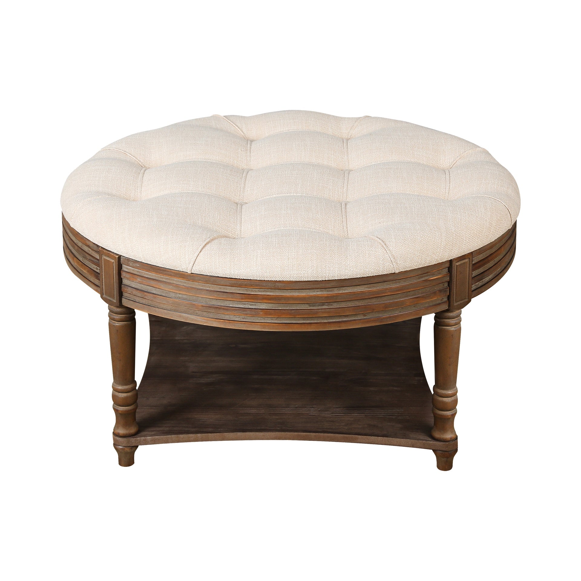 Large Round WaterProof Ottoman Coffee Table 2 Tier Oversized Button Tufted Ottoman with Wooden Shelf Storage Farmhouse Upholstered Coffee Table Living Room Footstool Ottoman Linen(Beige)