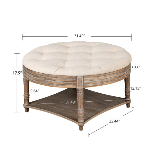 Large Round WaterProof Ottoman Coffee Table 2 Tier Oversized Button Tufted Ottoman with Wooden Shelf Storage Farmhouse Upholstered Coffee Table Living Room Footstool Ottoman Linen(Beige)