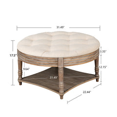 Large Round WaterProof Ottoman Coffee Table 2 Tier Oversized Button Tufted Ottoman with Wooden Shelf Storage Farmhouse Upholstered Coffee Table Living Room Footstool Ottoman Linen(Beige)