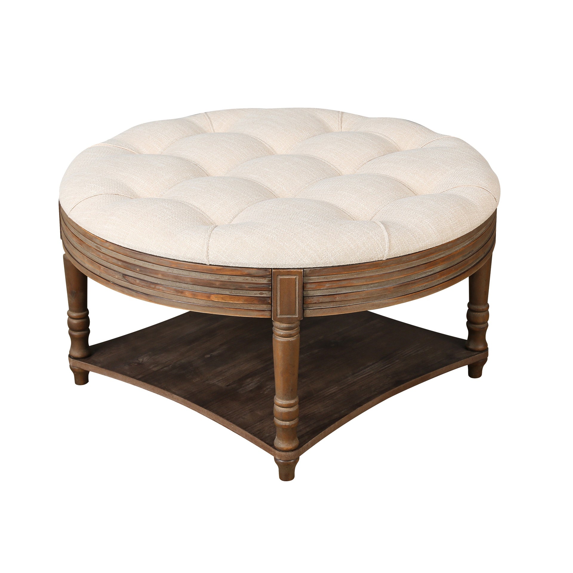 Large Round WaterProof Ottoman Coffee Table 2 Tier Oversized Button Tufted Ottoman with Wooden Shelf Storage Farmhouse Upholstered Coffee Table Living Room Footstool Ottoman Linen(Beige)