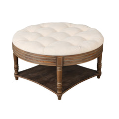 Large Round WaterProof Ottoman Coffee Table 2 Tier Oversized Button Tufted Ottoman with Wooden Shelf Storage Farmhouse Upholstered Coffee Table Living Room Footstool Ottoman Linen(Beige)