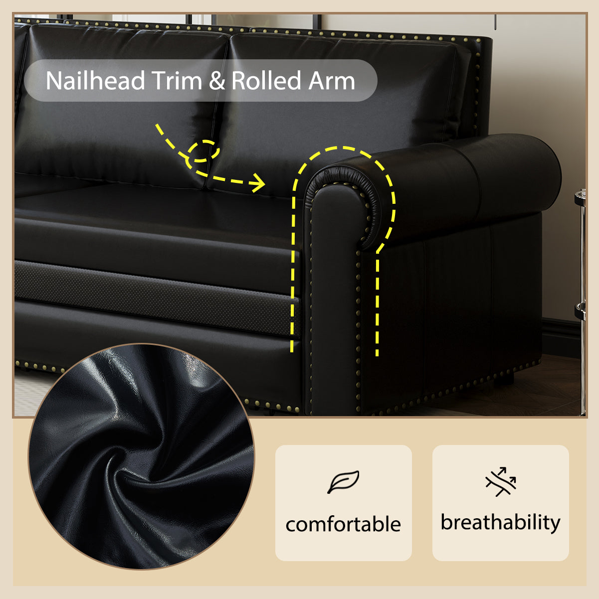 Chesterfield Sofa,93.7" King Pull Out Sofa Bed,3-in-1 Faux Leather Convertible Sleeper Sofa with Nailhead Trim & Rolled Arm,Multi-Functional Sofa Bed,Black(old sku:W1885S00033/W1885S00094)