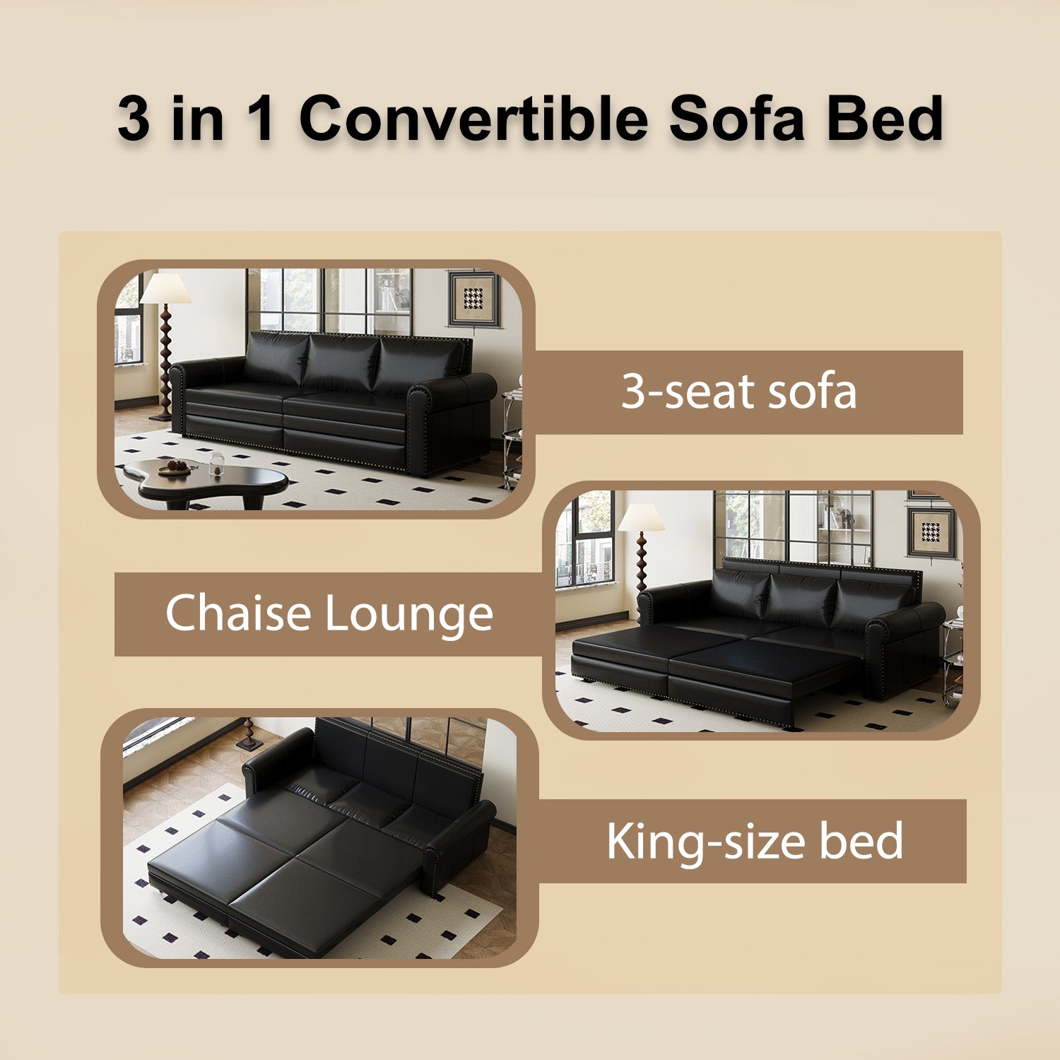 Chesterfield Sofa,93.7" King Pull Out Sofa Bed,3-in-1 Faux Leather Convertible Sleeper Sofa with Nailhead Trim & Rolled Arm,Multi-Functional Sofa Bed,Black(old sku:W1885S00033/W1885S00094)