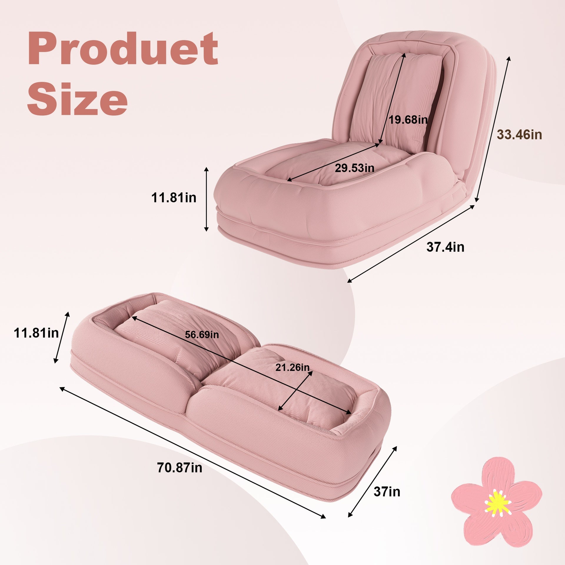 Upholstered  Human Dog Bed for Adults and Pets, Foldable Lazy Sofa Bed with 5 Adjustable Position, Includes 2 Soft Pillows for Bedroom, Living Room, Reading Corner(Pink)