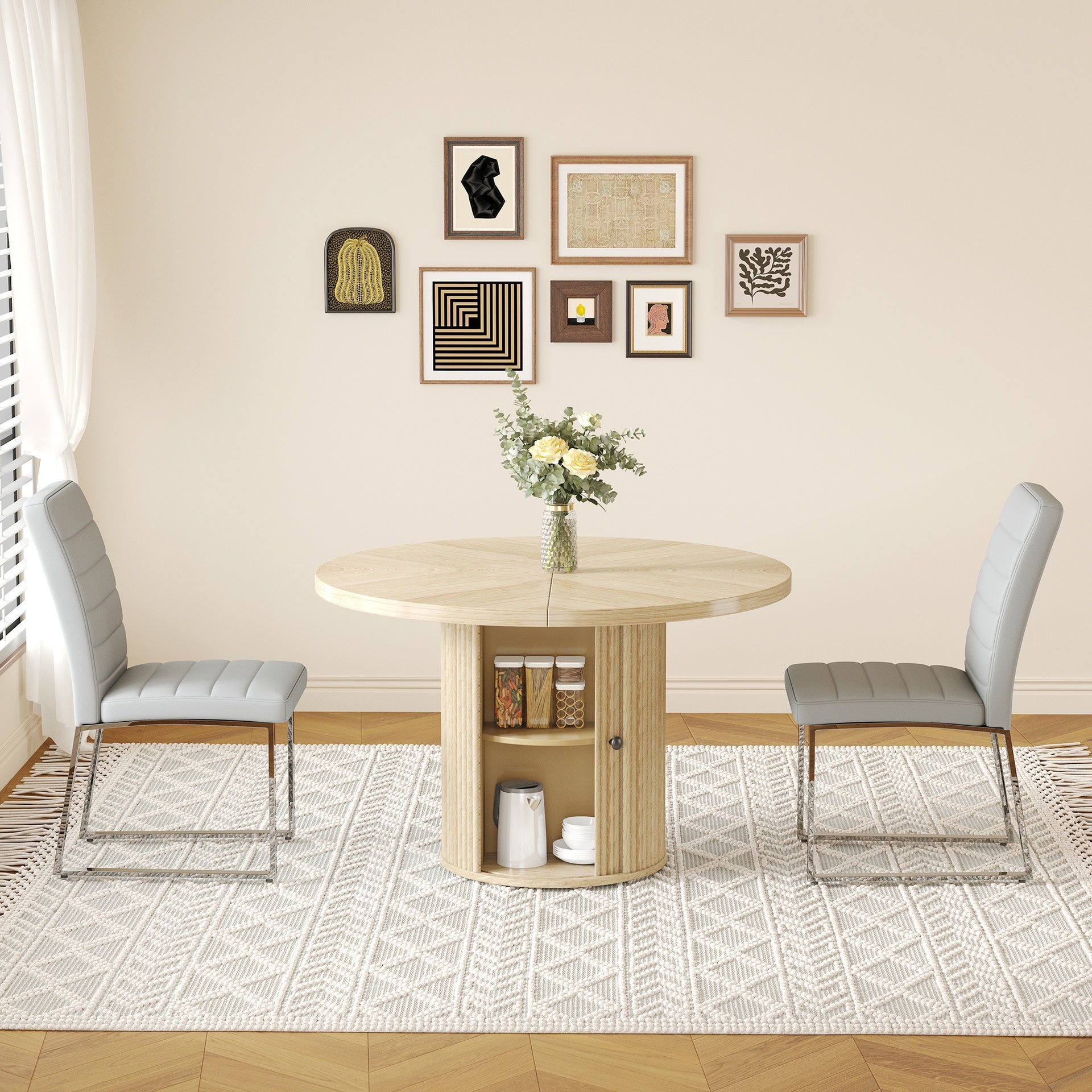 2piece PU Padded Dining Chair Set with 47.2 in Round Roman Column Table, Storage Included, Suitable for Restaurants/Wooden color