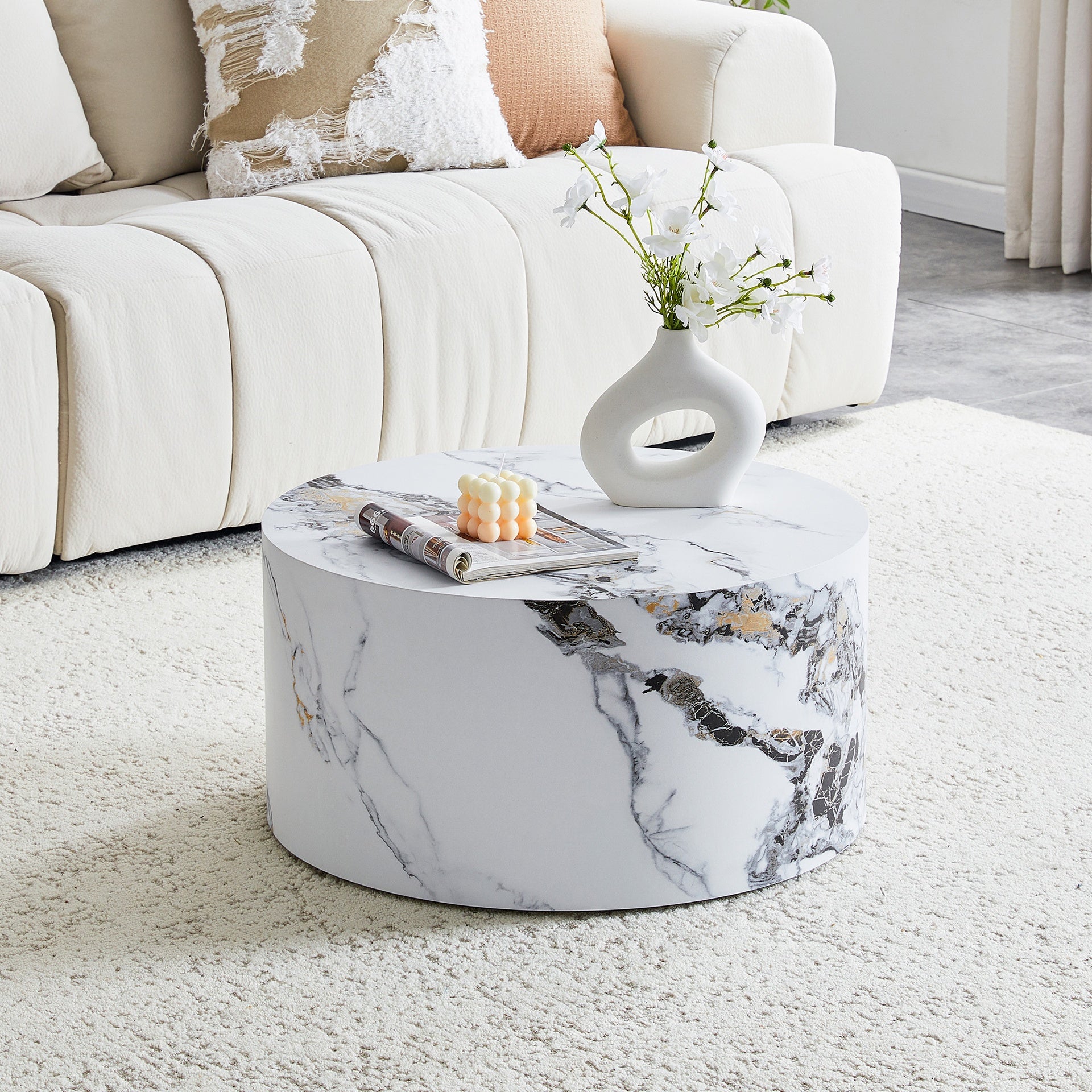 Simple White MarbleTexture Round MDF Coffee Table: 23.6" Diameter × 11.8" Height, Modern Minimalist Style, Perfect for Living Room, Apartment & Home Decor.No Need Assembly.