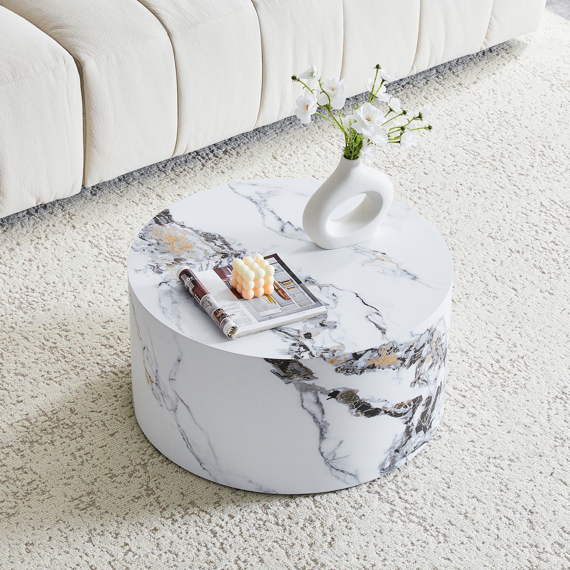 Simple White MarbleTexture Round MDF Coffee Table: 23.6" Diameter × 11.8" Height, Modern Minimalist Style, Perfect for Living Room, Apartment & Home Decor.No Need Assembly.