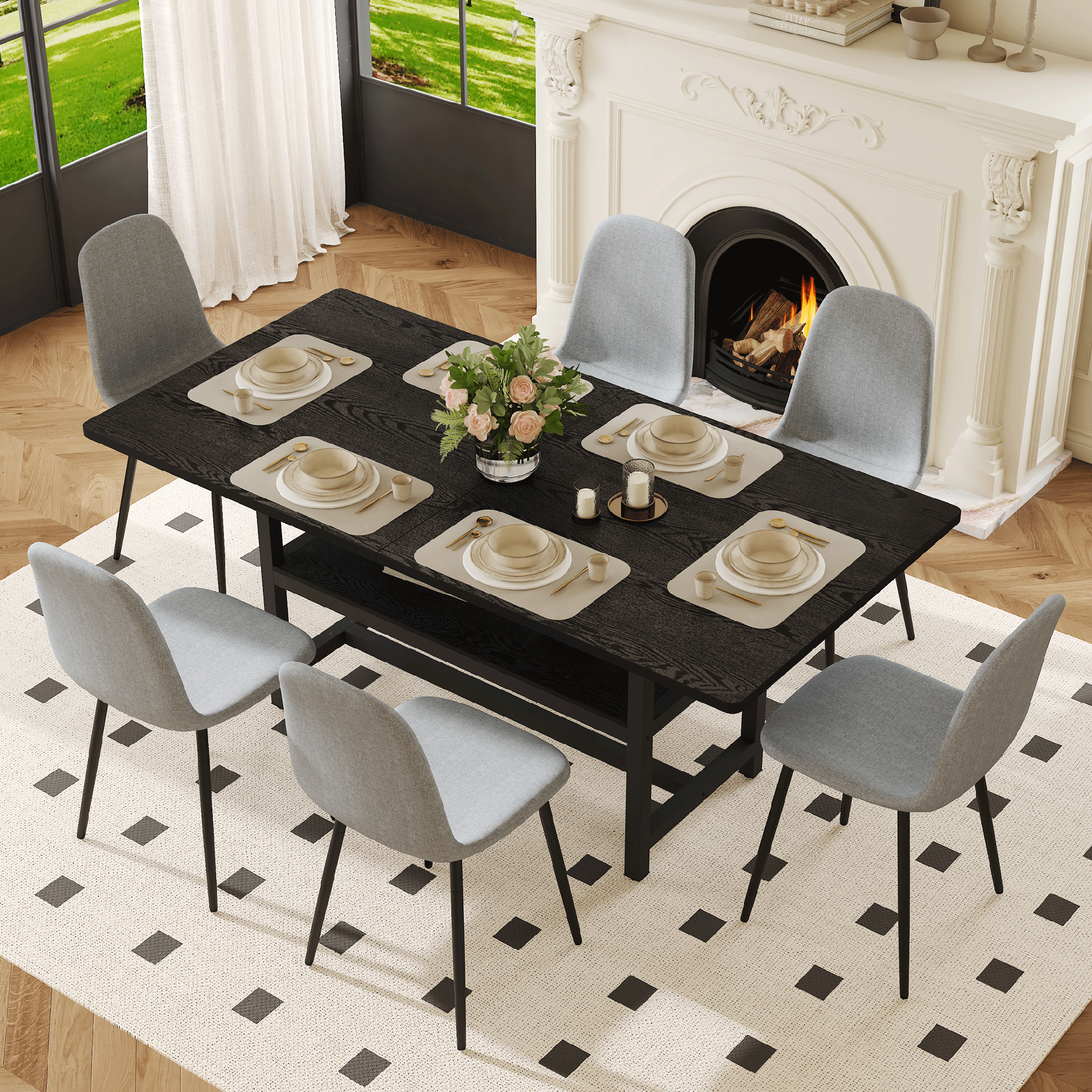 Table and chair set.71*35.4 inch Black Grain Spliced Dining Table With Storage Function In The Middle Of The Table Legs.Paired with 6 Light Gray Linen-Cotton Material High Resilience Dining Chairs.