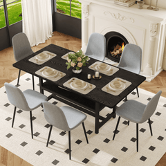 Table and chair set.71*35.4 inch Black Grain Spliced Dining Table With Storage Function In The Middle Of The Table Legs.Paired with 6 Light Gray Linen-Cotton Material High Resilience Dining Chairs.