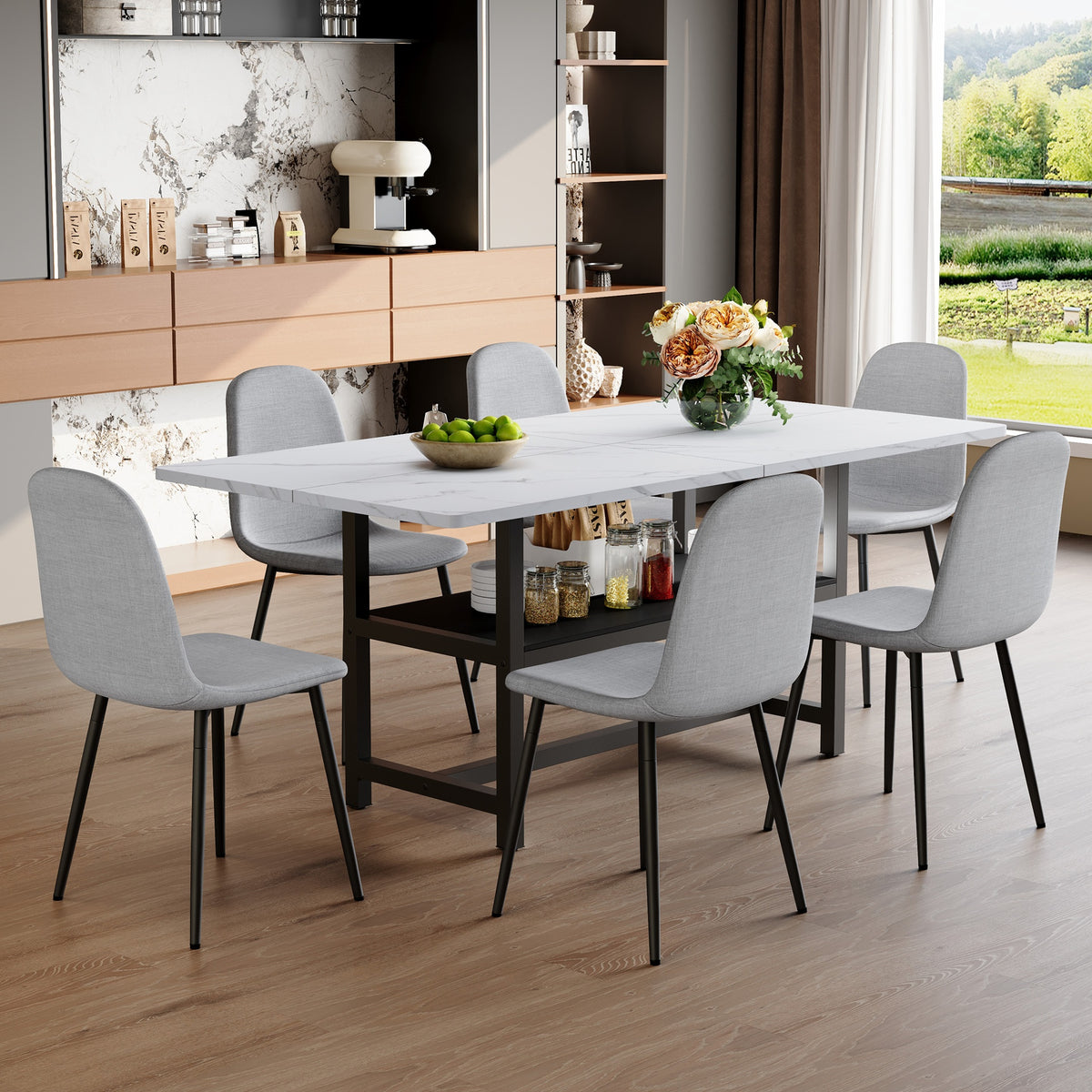 Table and chair set.71*35.4 inch White Grain Spliced Dining Table With Storage Function In The Middle Of The Table Legs.Paired with 6 Light Gray Linen-Cotton Material High Resilience Dining Chairs.