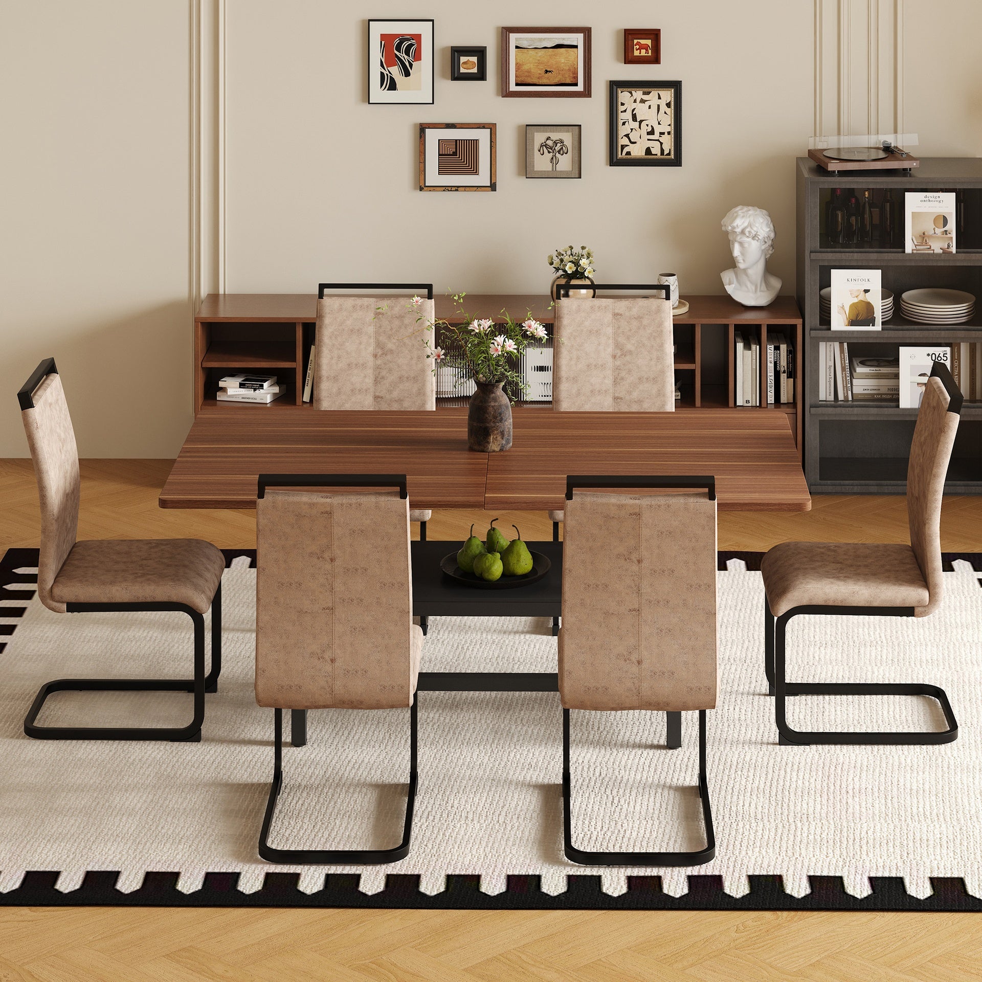 Table and chair set.71 inch long fashionable walnut grain dining table, a practical choice to add color to the home.Paired with 6 Brown Technology Fabric Chairs With C-tube Black Metal Chair Legs.