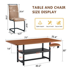 Table and chair set.71 inch long fashionable walnut grain dining table, a practical choice to add color to the home.Paired with 6 Brown Technology Fabric Chairs With C-tube Black Metal Chair Legs.