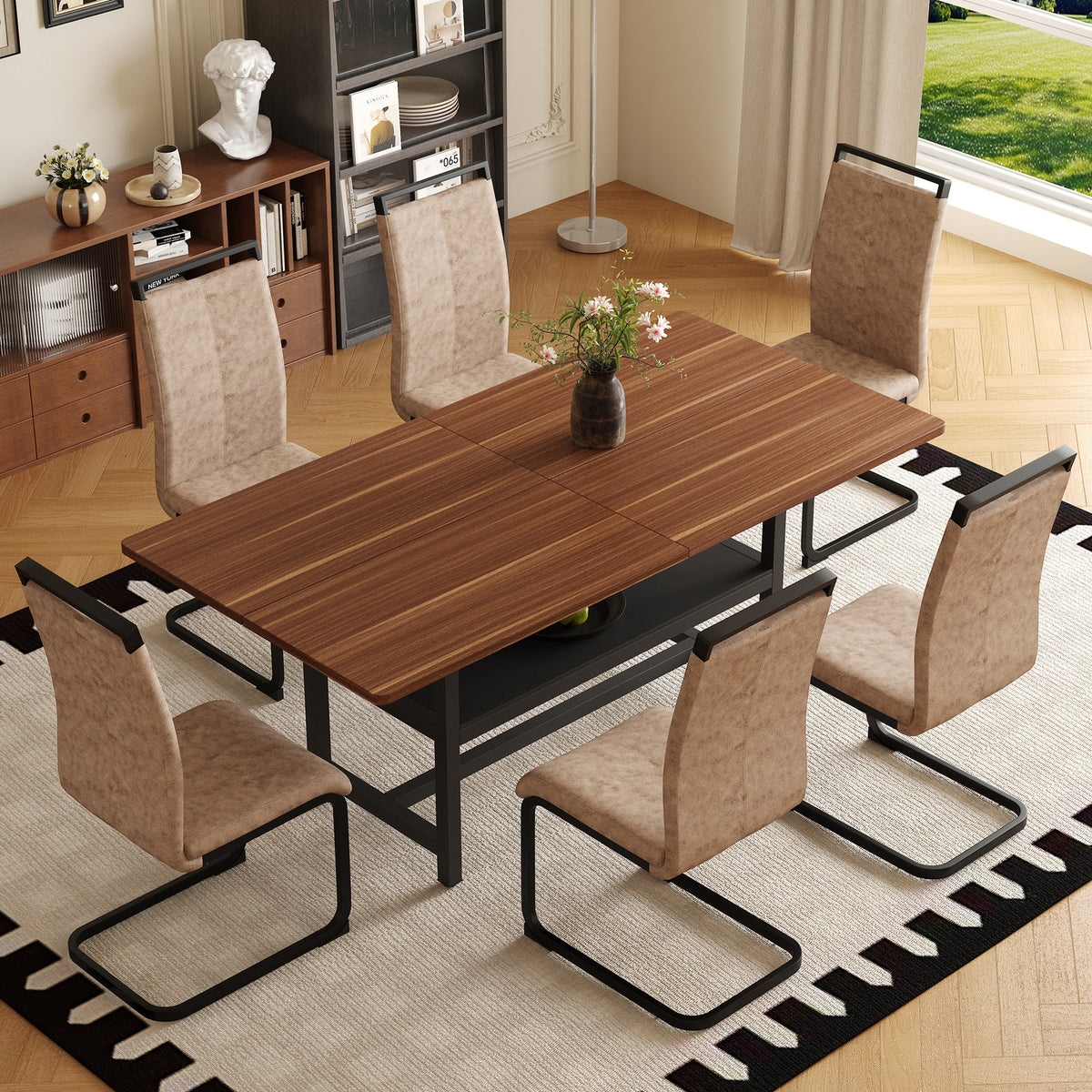 Table and chair set.71 inch long fashionable walnut grain dining table, a practical choice to add color to the home.Paired with 6 Brown Technology Fabric Chairs With C-tube Black Metal Chair Legs.