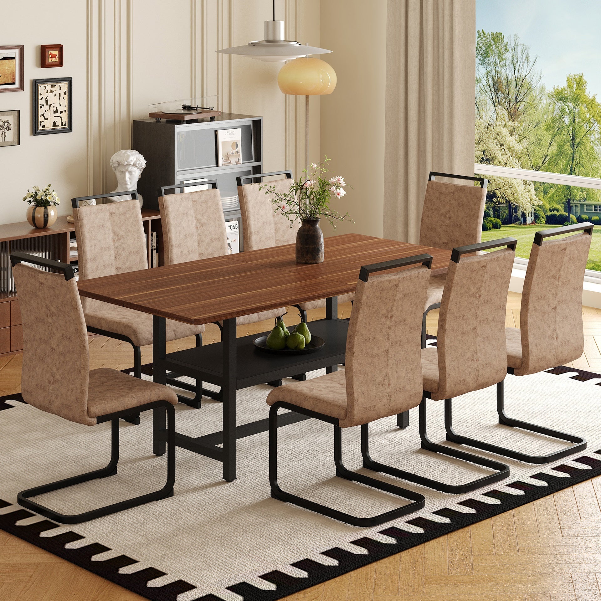 Table and chair set.71 inch long fashionable walnut grain dining table, a practical choice to add color to the home.Paired with 8 Brown Technology Fabric Chairs With C-tube Black Metal Chair Legs.