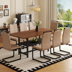 Table and chair set.71 inch long fashionable walnut grain dining table, a practical choice to add color to the home.Paired with 8 Brown Technology Fabric Chairs With C-tube Black Metal Chair Legs.