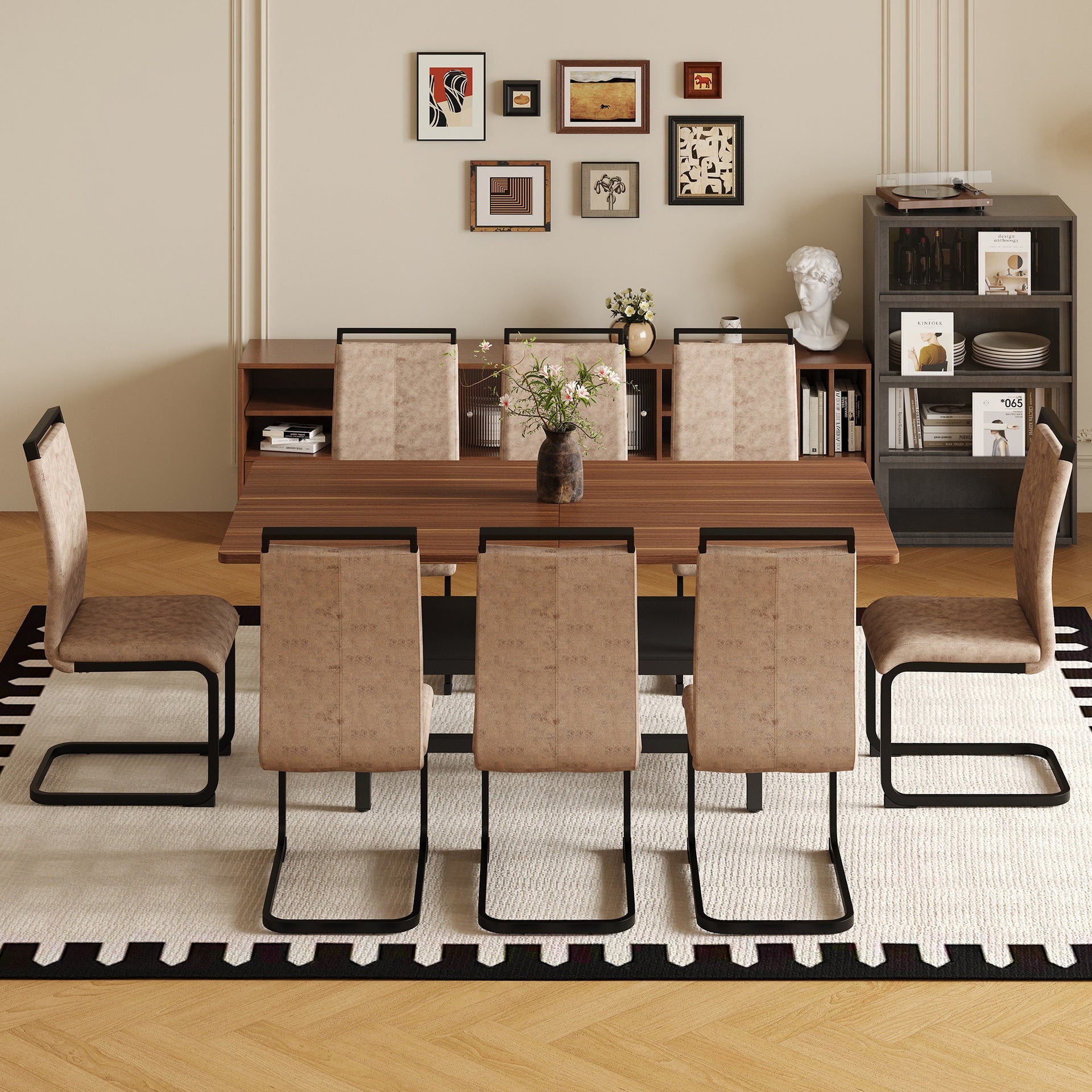 Table and chair set.71 inch long fashionable walnut grain dining table, a practical choice to add color to the home.Paired with 8 Brown Technology Fabric Chairs With C-tube Black Metal Chair Legs.