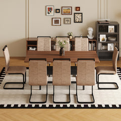 Table and chair set.71 inch long fashionable walnut grain dining table, a practical choice to add color to the home.Paired with 8 Brown Technology Fabric Chairs With C-tube Black Metal Chair Legs.
