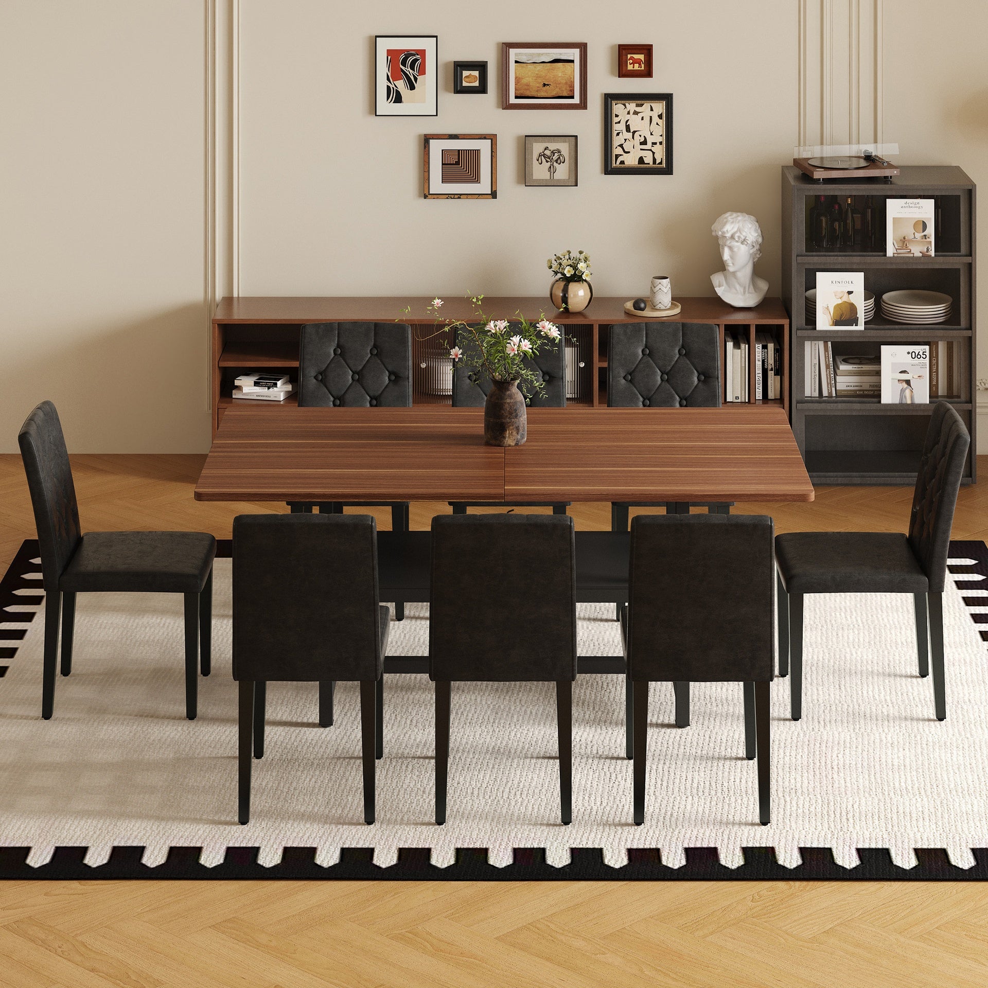 Table and chair set.71*35.4 inch Walnut Grain Spliced Dining Table With Storage Function In The Middle Of The Table Legs.Paired with 8 black PU dining chairs with ergonomic buckle backrest.