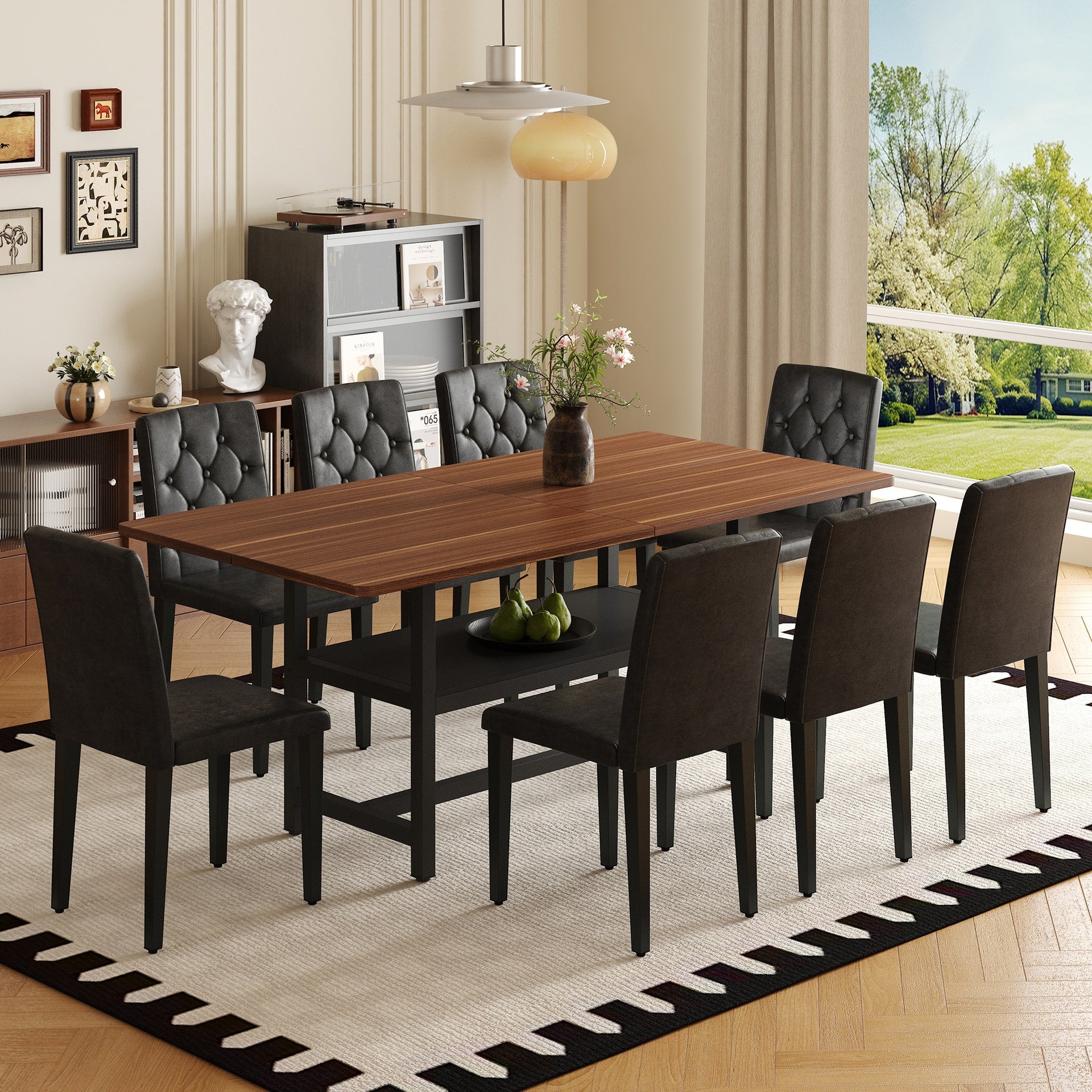 Table and chair set.71*35.4 inch Walnut Grain Spliced Dining Table With Storage Function In The Middle Of The Table Legs.Paired with 8 black PU dining chairs with ergonomic buckle backrest.