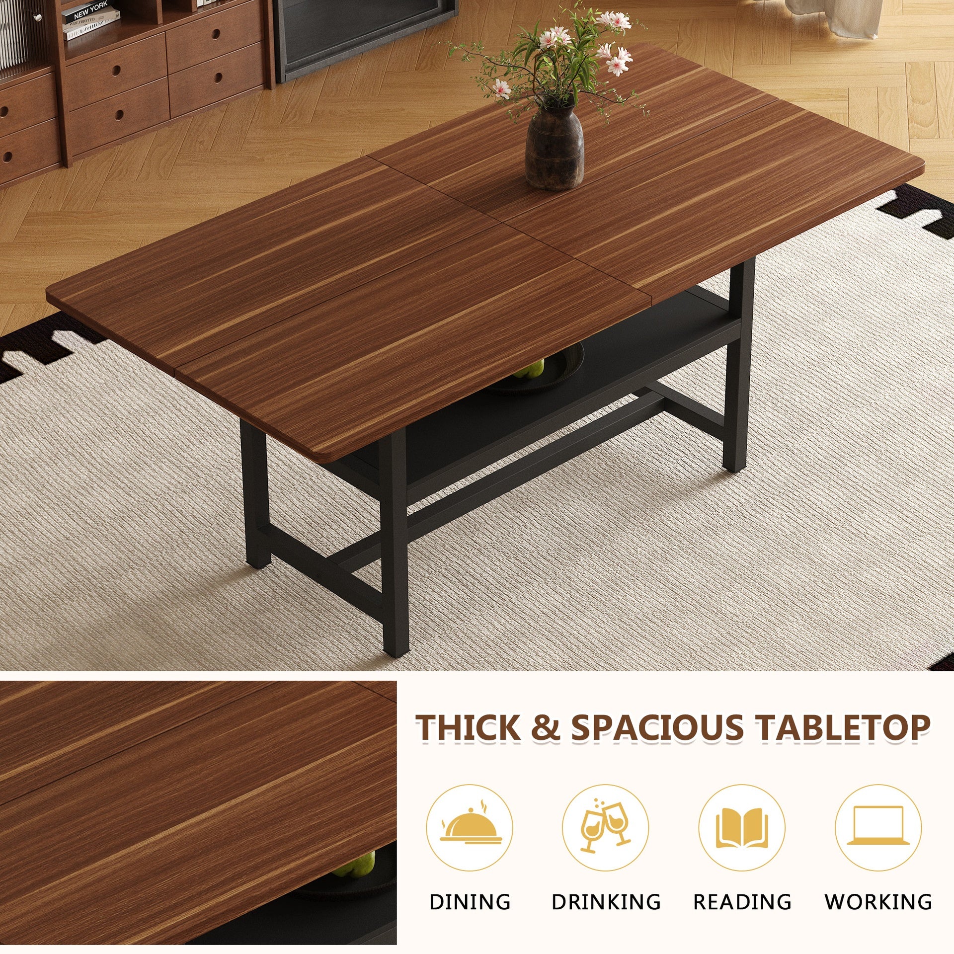 Table and chair set.71*35.4 inch Walnut Grain Spliced Dining Table With Storage Function In The Middle Of The Table Legs.Paired with 8 black PU dining chairs with ergonomic buckle backrest.