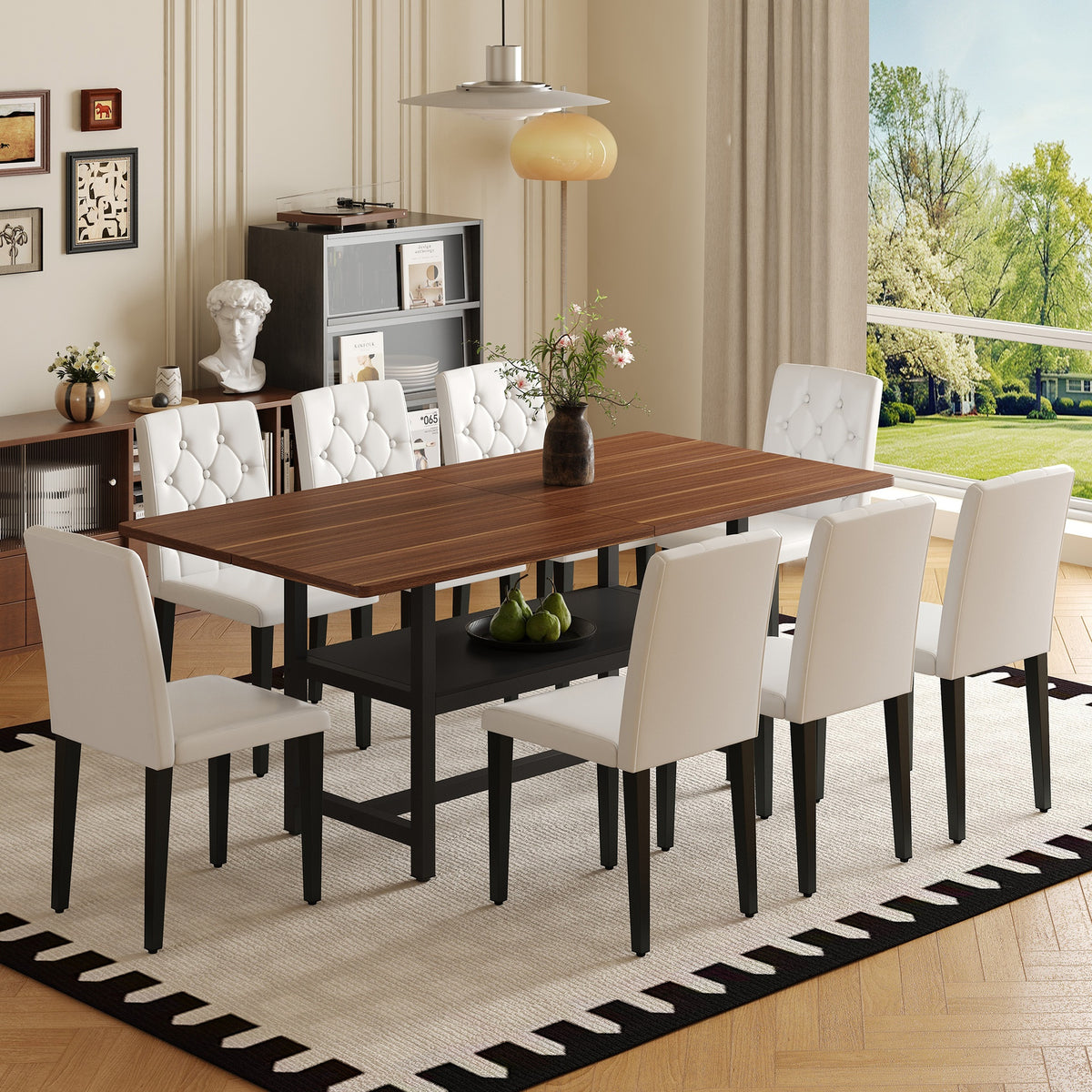 Table and chair set.71*35.4 inch Walnut Grain Spliced Dining Table With Storage Function In The Middle Of The Table Legs.Paired with 8 white PU dining chairs with ergonomic buckle backrest.