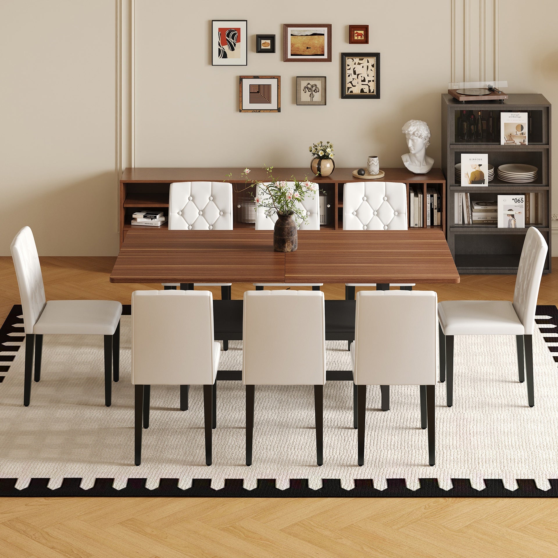 Table and chair set.71*35.4 inch Walnut Grain Spliced Dining Table With Storage Function In The Middle Of The Table Legs.Paired with 8 white PU dining chairs with ergonomic buckle backrest.