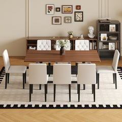 Table and chair set.71*35.4 inch Walnut Grain Spliced Dining Table With Storage Function In The Middle Of The Table Legs.Paired with 8 white PU dining chairs with ergonomic buckle backrest.