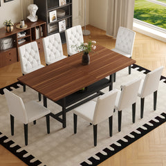 Table and chair set.71*35.4 inch Walnut Grain Spliced Dining Table With Storage Function In The Middle Of The Table Legs.Paired with 8 white PU dining chairs with ergonomic buckle backrest.