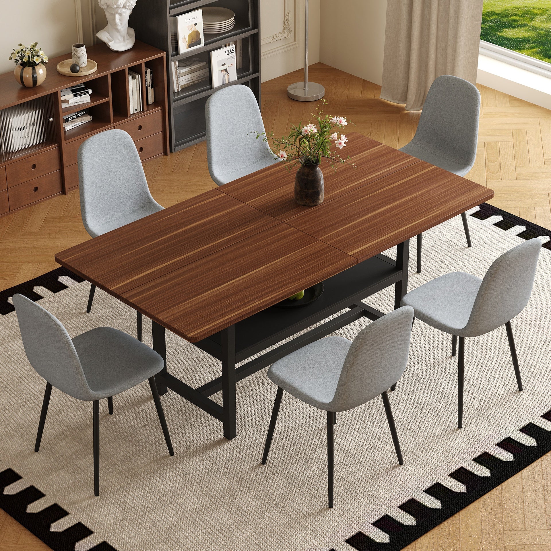 Table and chair set.71*35.4 inch fashionable walnut grain dining table, a practical choice to add color to the home.Paired with 6 Light Gray Linen-Cotton Material High Resilience Dining Chairs.