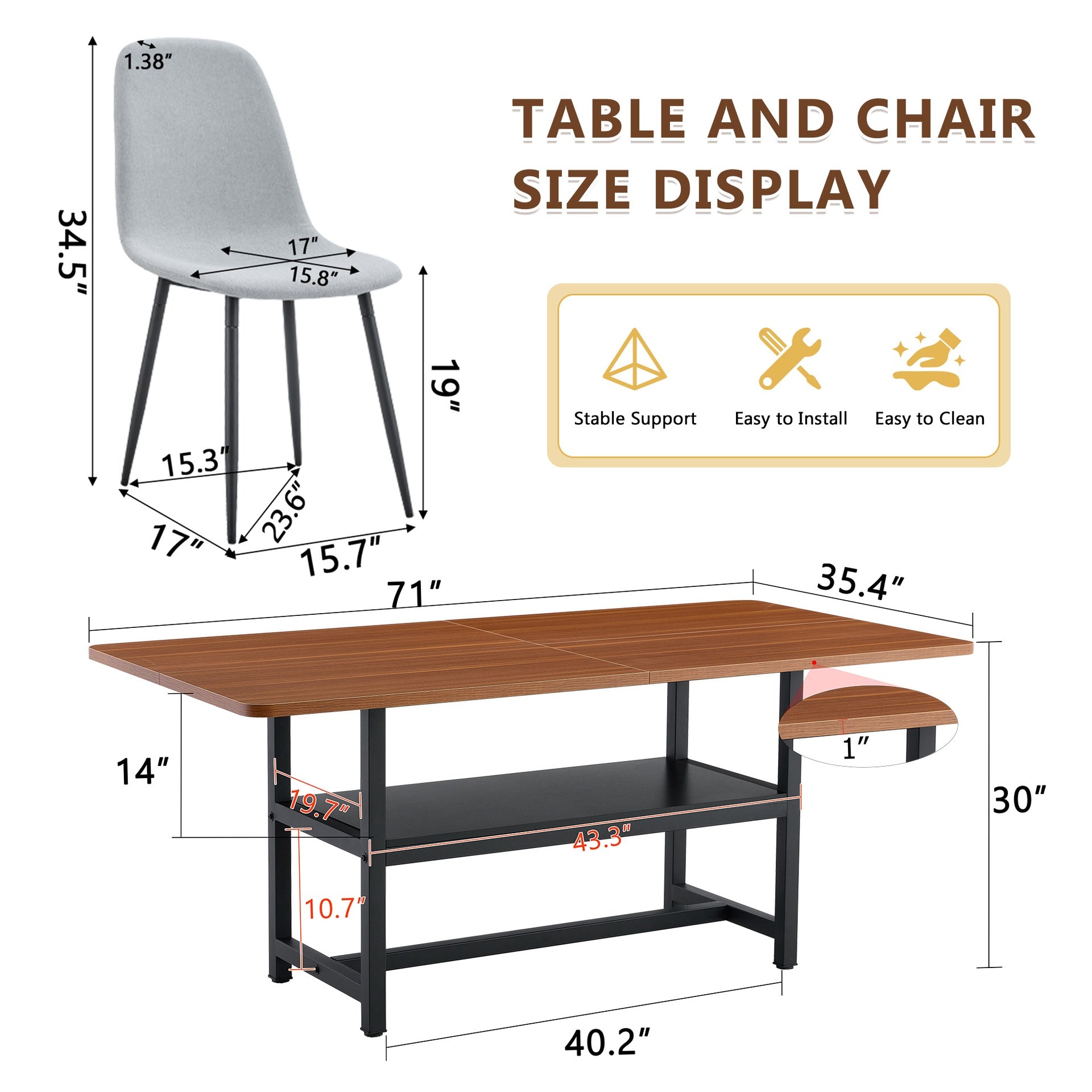 Table and chair set.71*35.4 inch fashionable walnut grain dining table, a practical choice to add color to the home.Paired with 8 Light Gray Linen-Cotton Material High Resilience Dining Chairs.