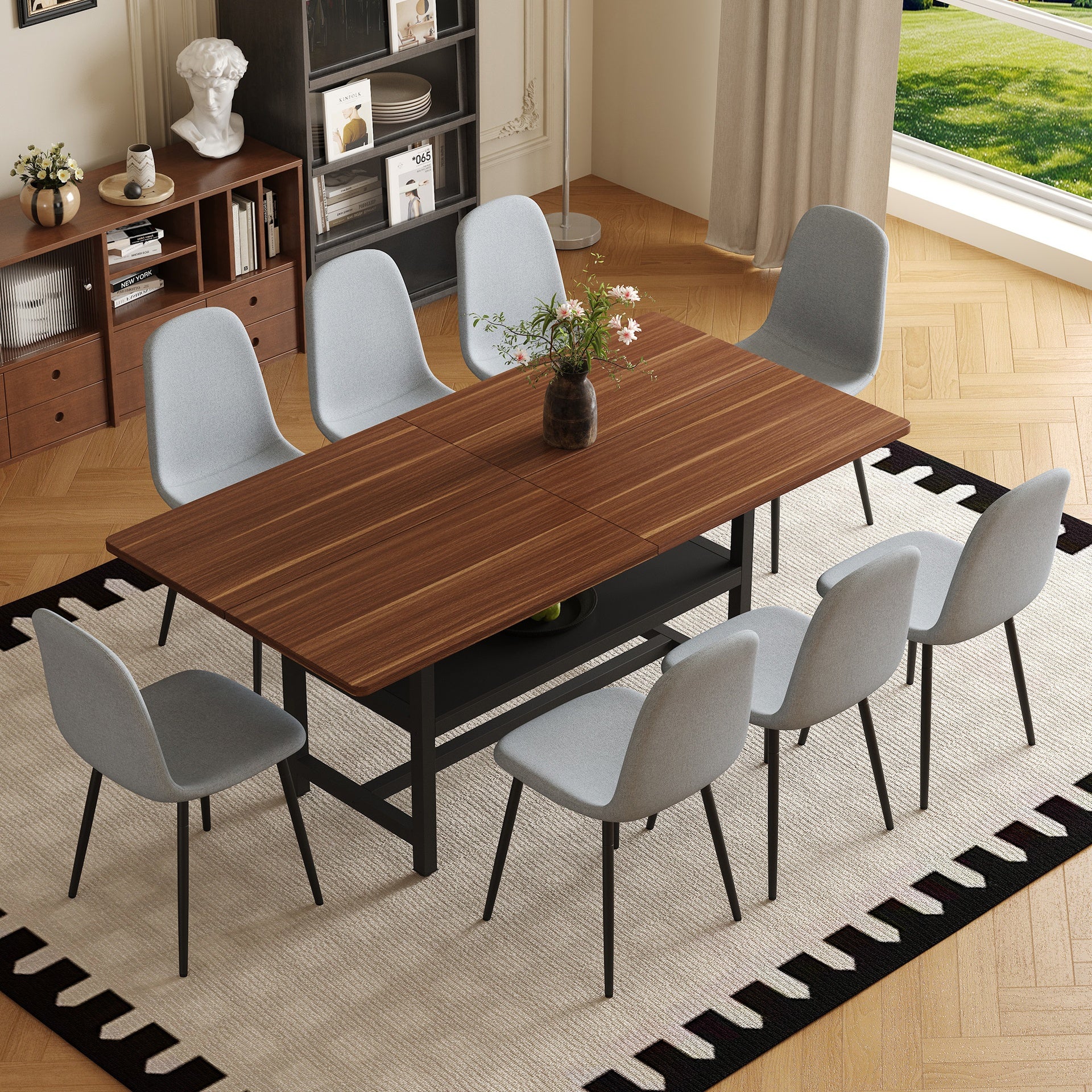 Table and chair set.71*35.4 inch fashionable walnut grain dining table, a practical choice to add color to the home.Paired with 8 Light Gray Linen-Cotton Material High Resilience Dining Chairs.