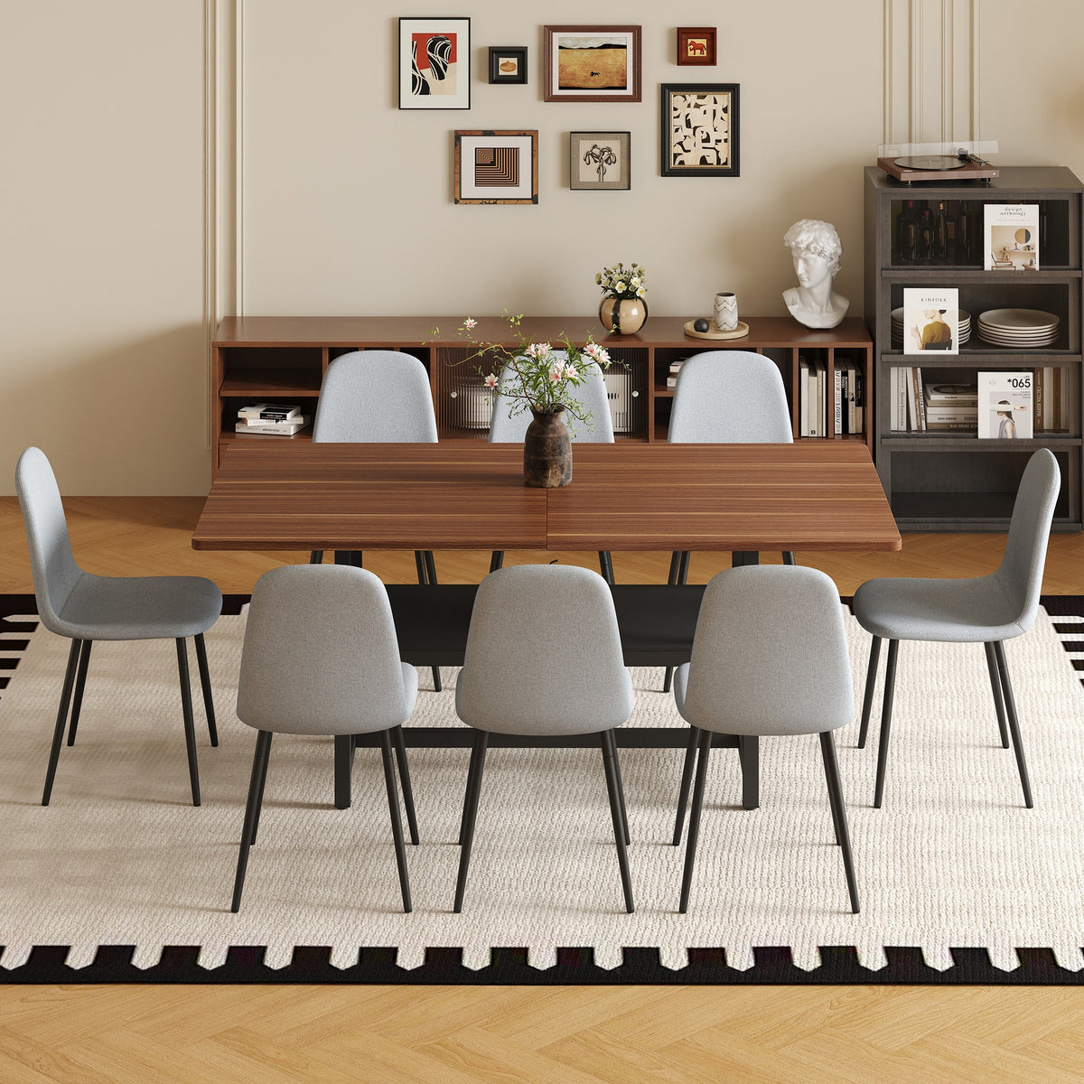 Table and chair set.71*35.4 inch fashionable walnut grain dining table, a practical choice to add color to the home.Paired with 8 Light Gray Linen-Cotton Material High Resilience Dining Chairs.