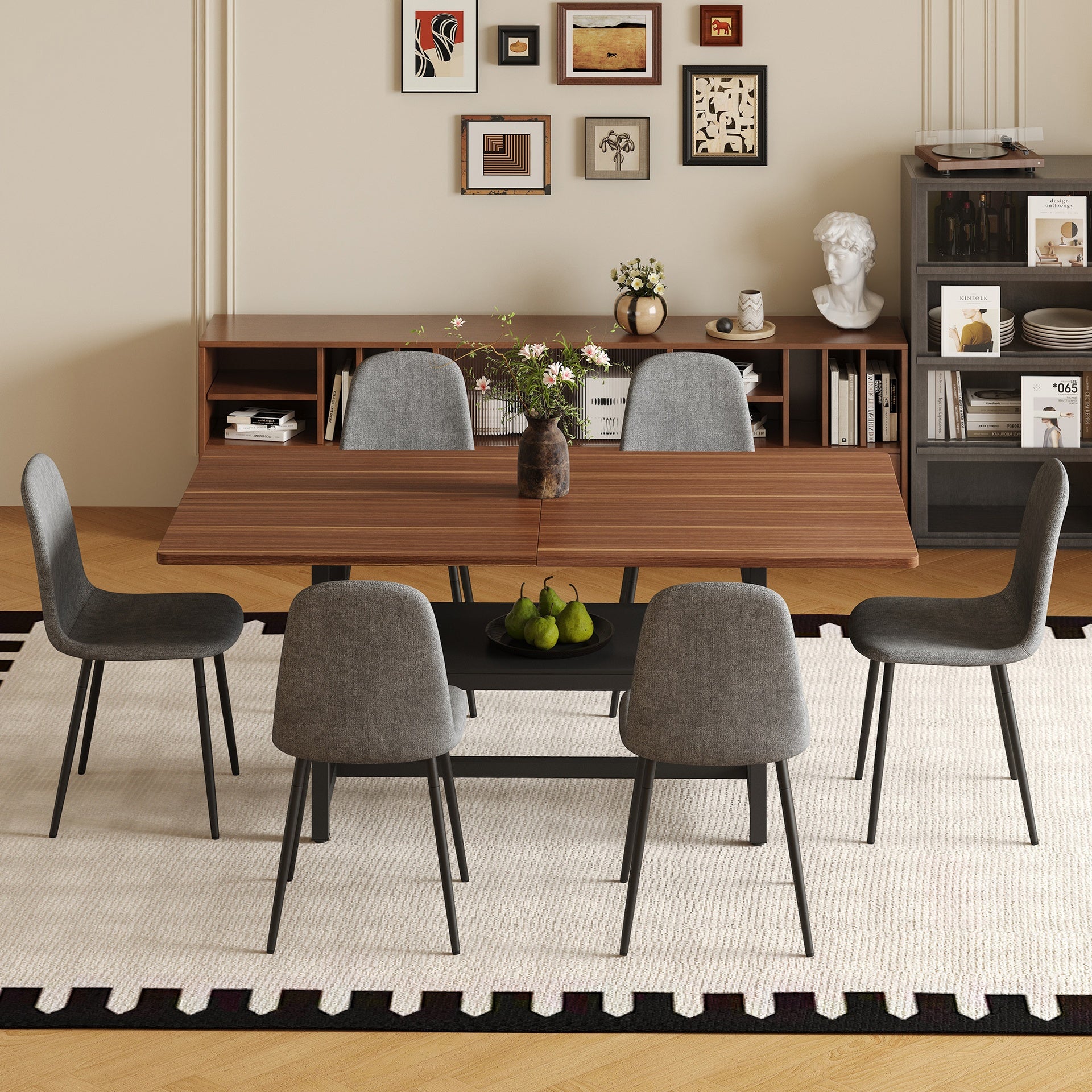 Table and chair set.71*35.4 inch fashionable walnut grain dining table, a practical choice to add color to the home.Paired with 6 Dark Gray Linen-Cotton Material High Resilience Dining Chairs.