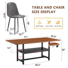 Table and chair set.71*35.4 inch fashionable walnut grain dining table, a practical choice to add color to the home.Paired with 6 Dark Gray Linen-Cotton Material High Resilience Dining Chairs.